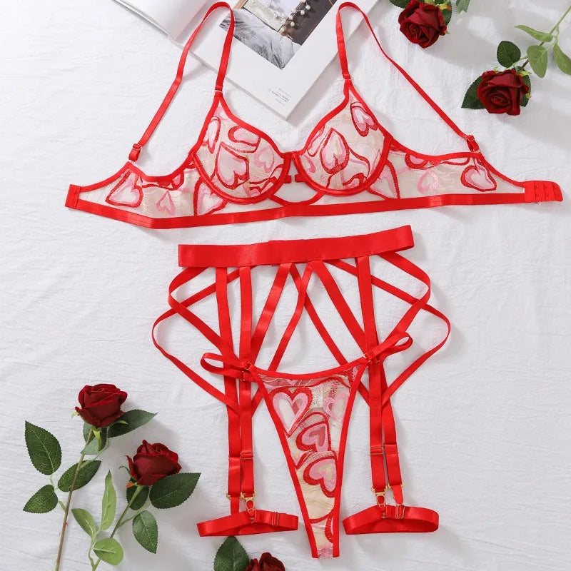 Toucheart Erotic Lingerie Love Embroidered Strappy Bra Set See-through Mesh Shapewear Four-piece Set