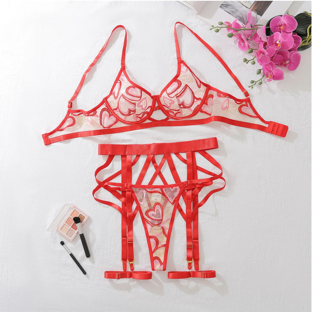 Toucheart Erotic Lingerie Love Embroidered Strappy Bra Set See-through Mesh Shapewear Four-piece Set