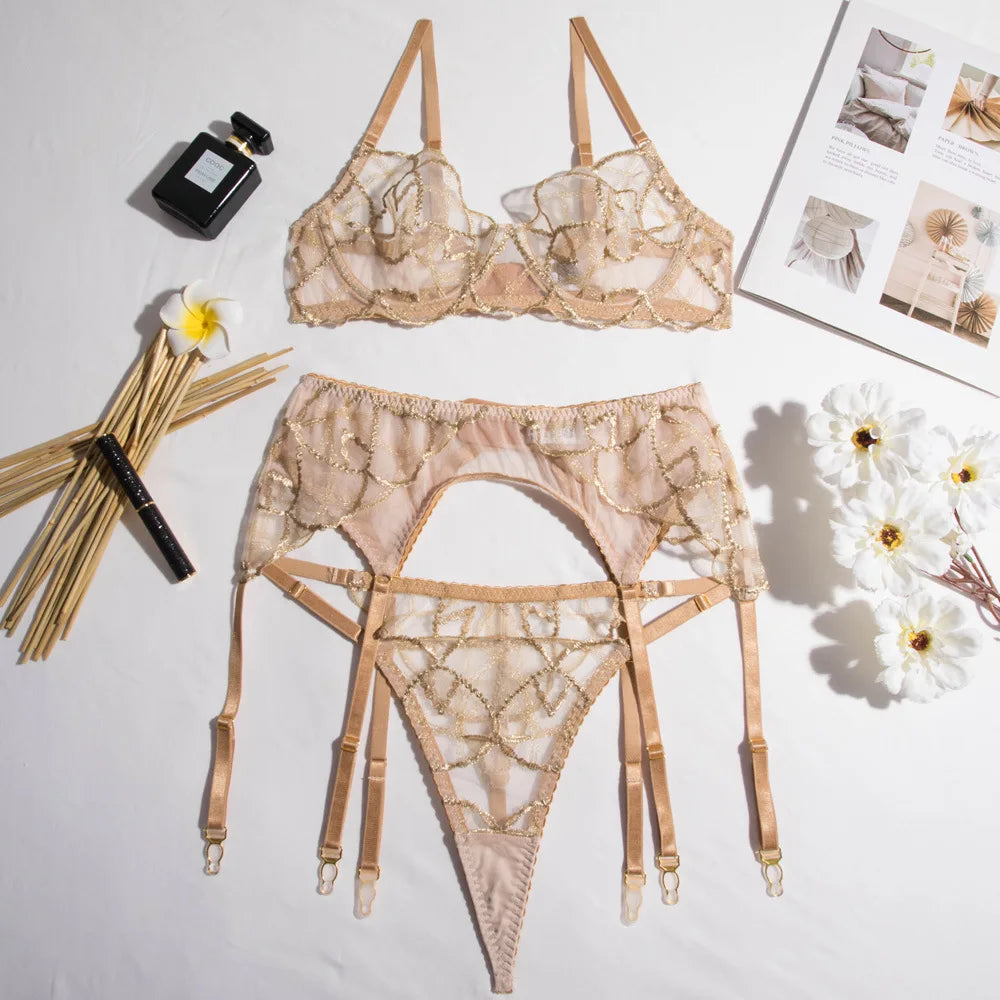 Toucheart Erotic Lingerie Luxury Luxury Gold Thread Embroidery Luxurious Intimate Lingerie Set Push-up Bra Thong