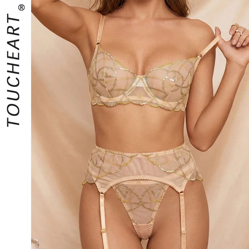 Toucheart Erotic Lingerie Luxury Luxury Gold Thread Embroidery Luxurious Intimate Lingerie Set Push-up Bra Thong