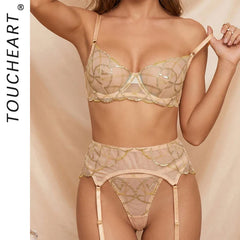 Toucheart Erotic Lingerie Luxury Luxury Gold Thread Embroidery Luxurious Intimate Lingerie Set Push-up Bra Thong