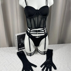 Toucheart Erotic Lingerie Mesh Heavy Industry Fishbone Breasted Body Shaping PU Underwear Gloves Five-piece Set
