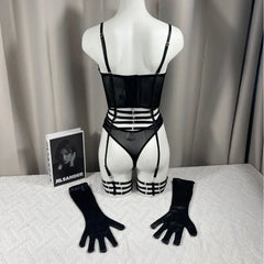 Toucheart Erotic Lingerie Mesh Heavy Industry Fishbone Breasted Body Shaping PU Underwear Gloves Five-piece Set