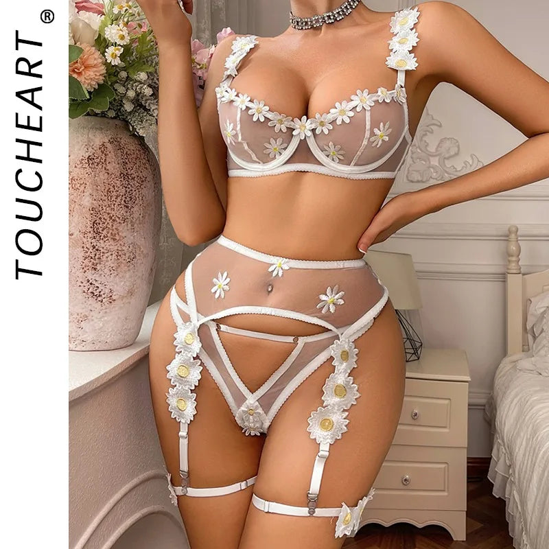Toucheart Erotic Lingerie Mesh See-through Embroidery Little Daisy Decor Bodyshaping Plunge Delicate BraSplit Kit