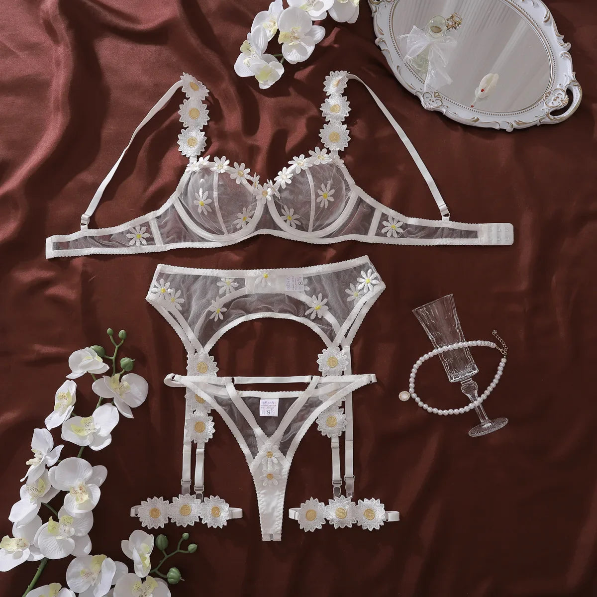 Toucheart Erotic Lingerie Mesh See-through Embroidery Little Daisy Decor Bodyshaping Plunge Delicate BraSplit Kit