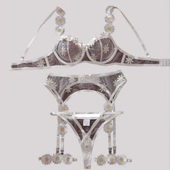 Toucheart Erotic Lingerie Mesh See-through Embroidery Little Daisy Decor Bodyshaping Plunge Delicate BraSplit Kit