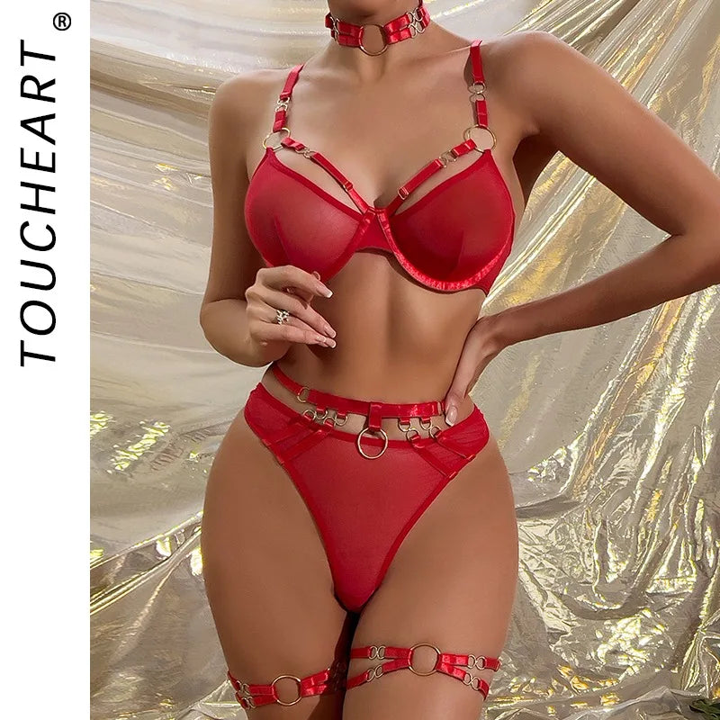 Toucheart Erotic Lingerie Mesh See-through Delicate Underwear Set