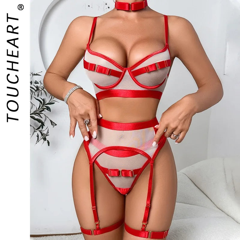 Toucheart Erotic Lingerie Mesh See-through Body Shaping High Waisted Versatile Intimate Corset Garter Set