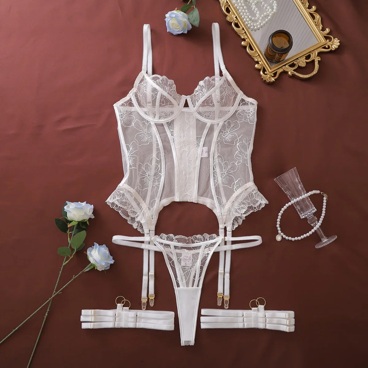 Toucheart Erotic Lingerieable Temperament Embroidered See-through Mesh Body-shaping Delicate Underwear Splitset