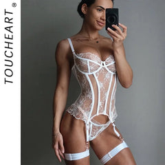 Toucheart Erotic Lingerieable Temperament Embroidered See-through Mesh Body-shaping Delicate Underwear Splitset
