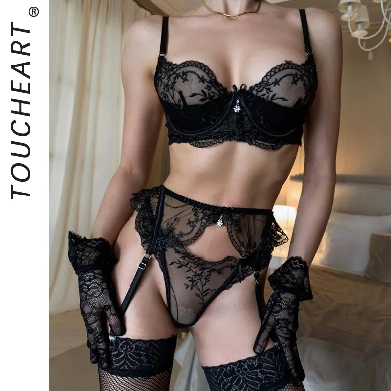 Toucheart Erotic Lingerie Flower Embroidery Splicing See-through Mesh Body Shaping Underwear Split Set