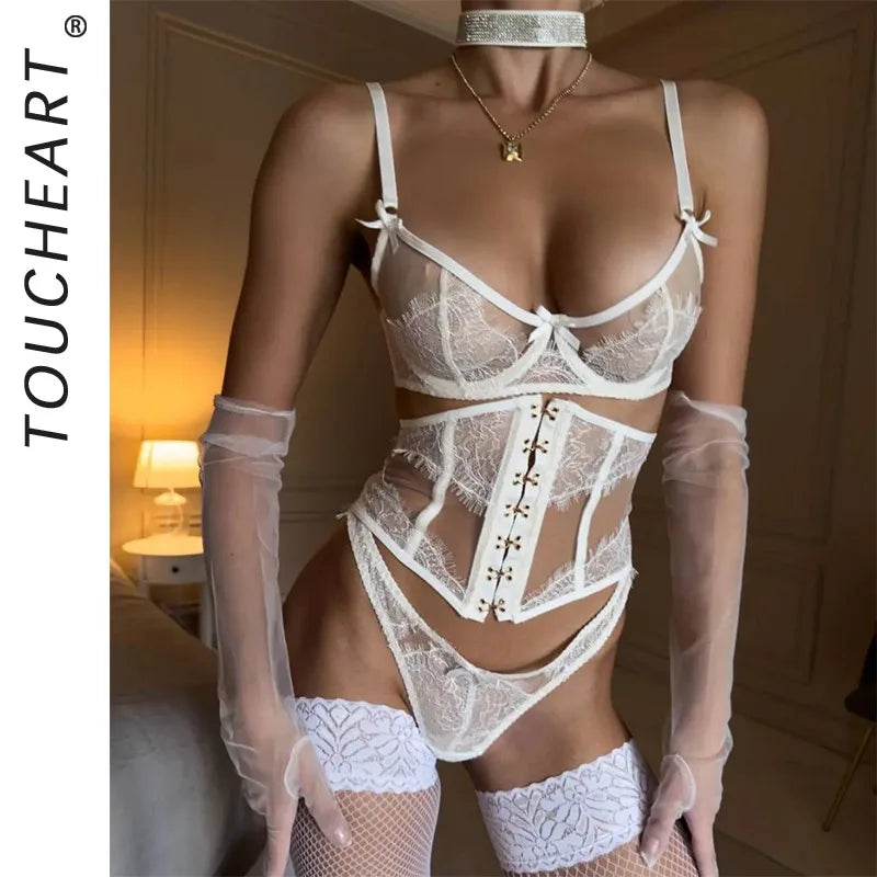 Toucheart Erotic Lingerie French Style Lace Suspender See-through Thin Pure Desire Underwear Set