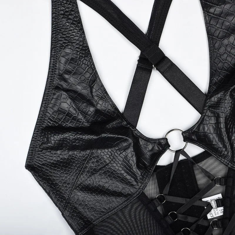 Toucheart Erotic Lingerie High-quality Leather and Fabric Spliced mesh Strap Cross Halter Neck Underwear Set