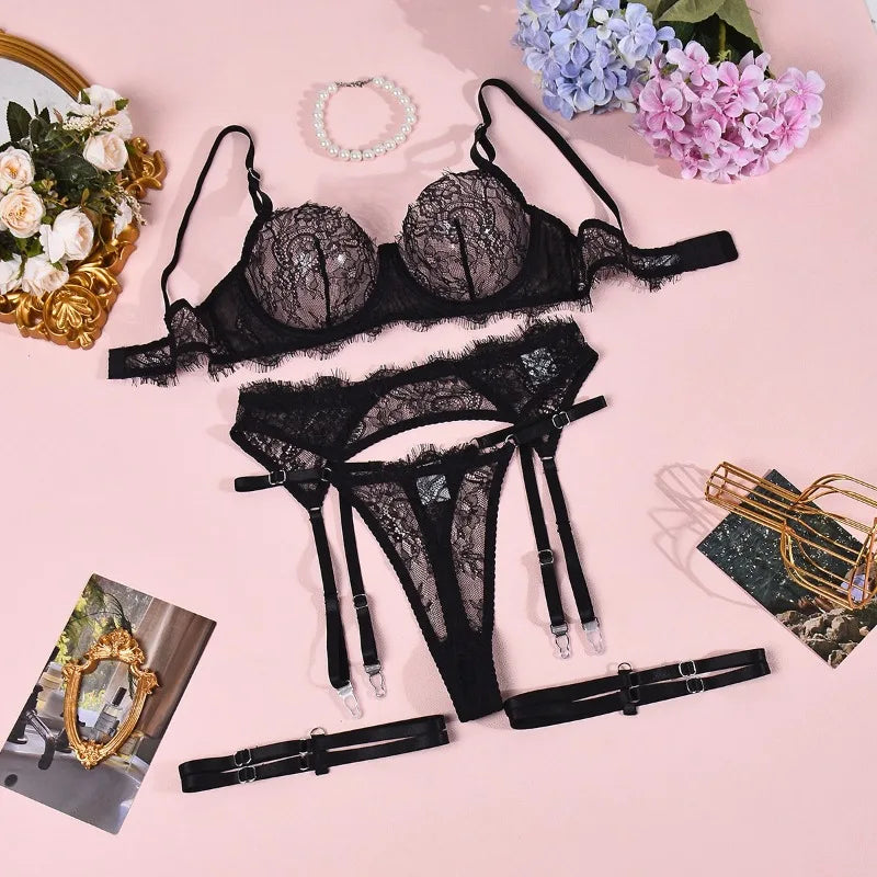 Toucheart Erotic Lingerie Lace Thin Style Push-up See-through Big Breasts Showing Small Bra Temptation Multi-piece Suit
