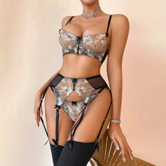 Toucheart Erotic Lingerie Pure Desire See-through Embroidered Bow Accessories Spliced mesh Shapewear Four-piece Set