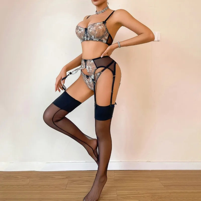 Toucheart Erotic Lingerie Pure Desire See-through Embroidered Bow Accessories Spliced mesh Shapewear Four-piece Set