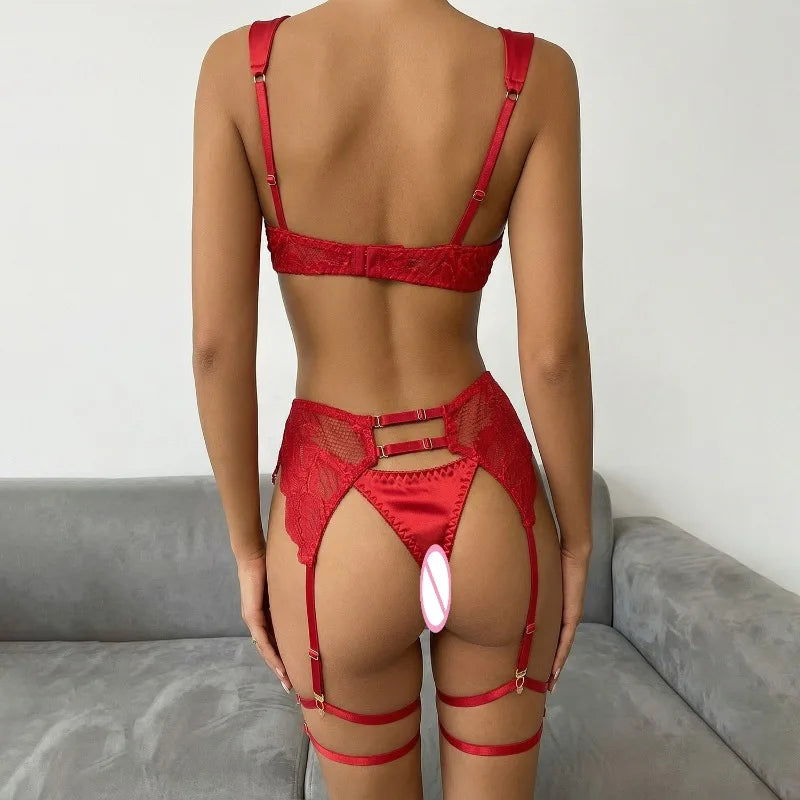 Toucheart Erotic Lingerie Red Valentine's Day Lace Lingerie Slim Fit Beautiful Back Lingerie Four-piece Set
