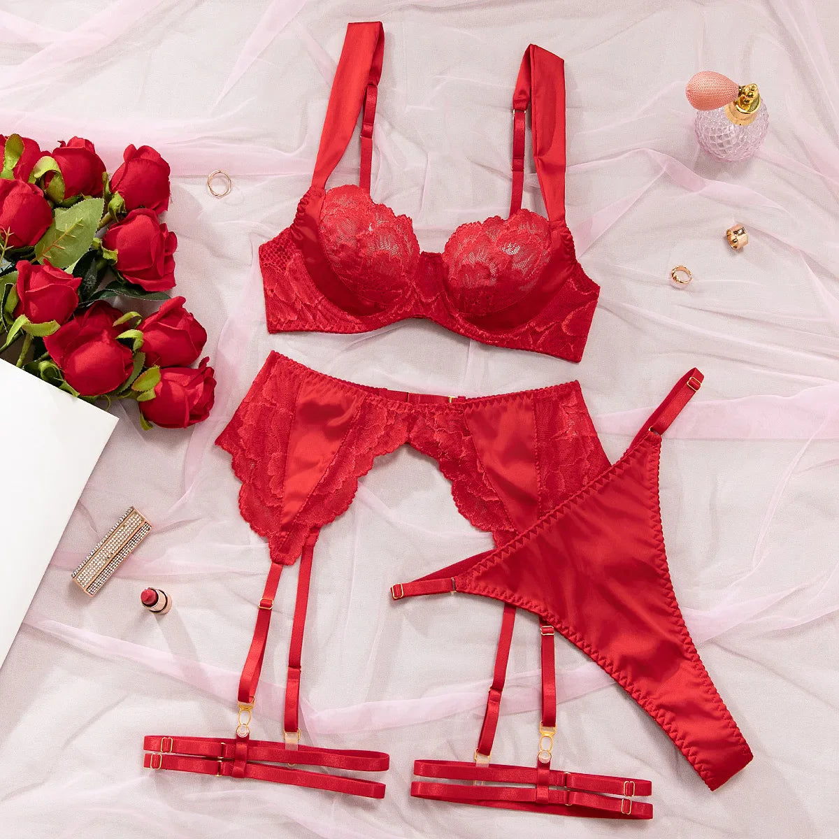 Toucheart Erotic Lingerie Red Valentine's Day Lace Lingerie Slim Fit Beautiful Back Lingerie Four-piece Set