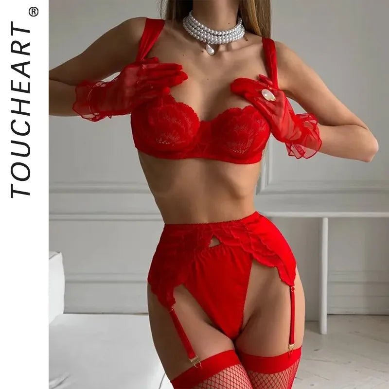 Toucheart Erotic Lingerie Red Valentine's Day Lace Lingerie Slim Fit Beautiful Back Lingerie Four-piece Set