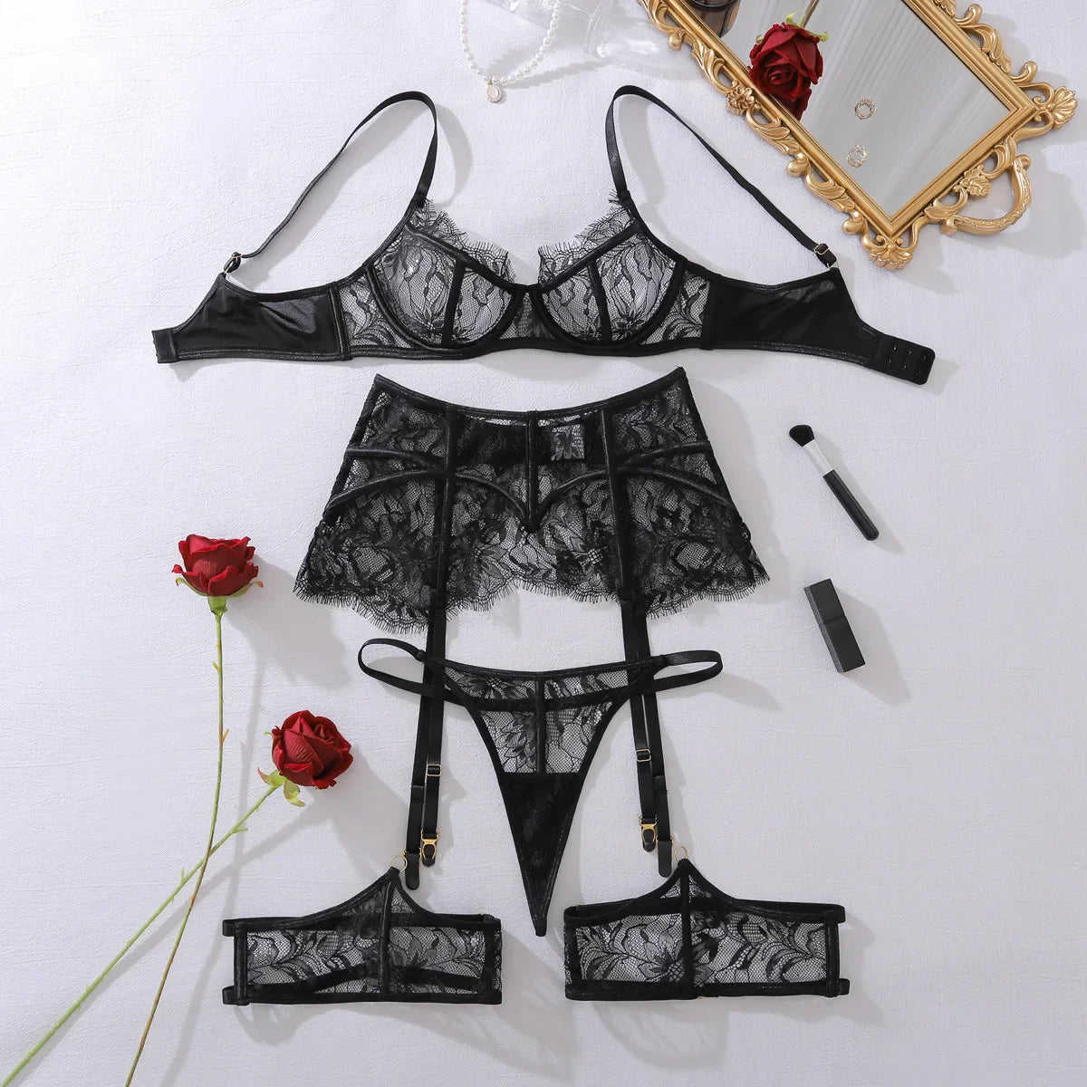 Toucheart Erotic Lingerie See-through Eyelash Lace Corset Fishbone Gathered Body Shaping Elegant Lingerie Split Set