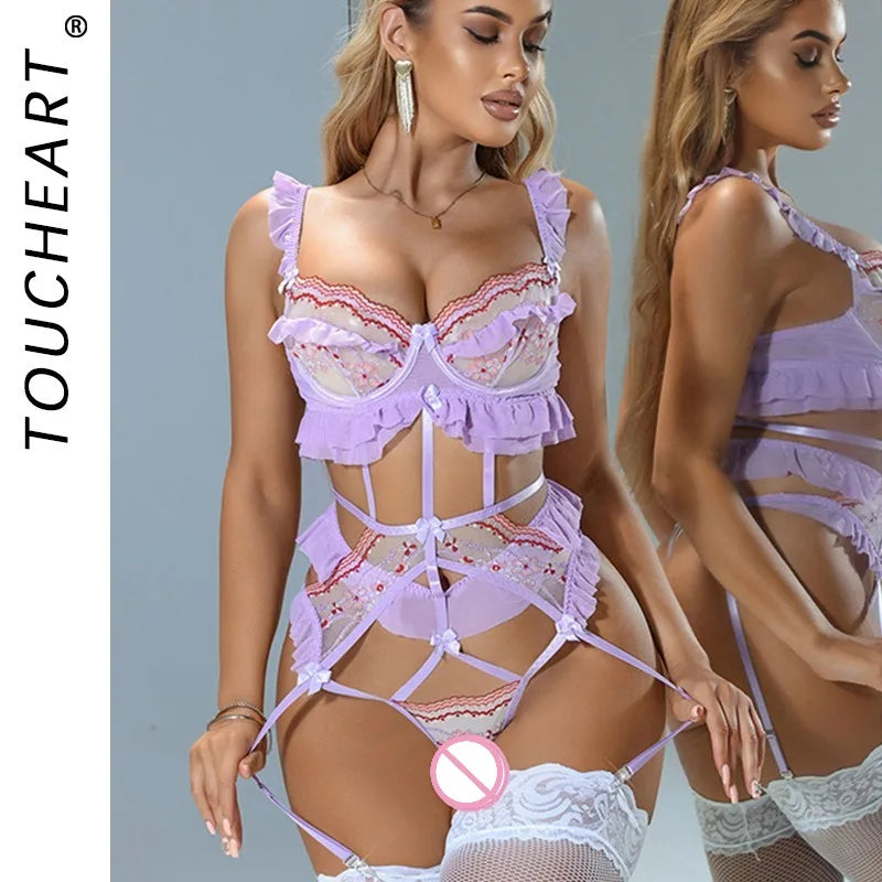 Toucheart Erotic Lingerie Open Crotch with Stockings Mesh Hollowout Straps Girl Romantic Set