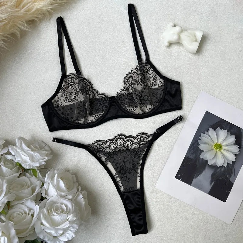 Toucheart Erotic Lingerie Panty 2PCS Floral Embroidery See-through Body Shaping Intimate Bra