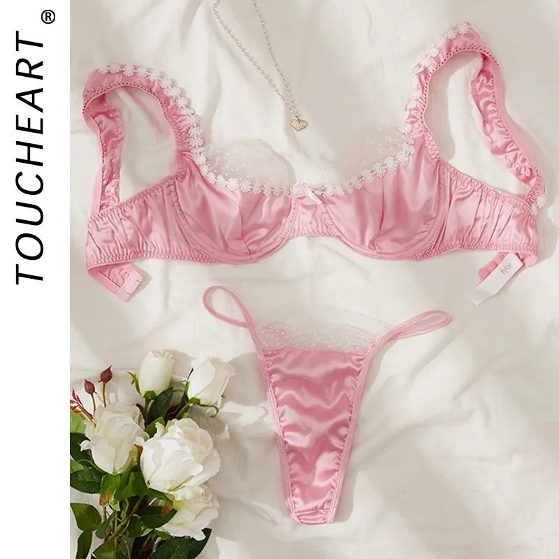 Toucheart Erotic Lingerie Panty 2PCS Lace Floral Delicate Three Point Type Pure Desire Bra Set
