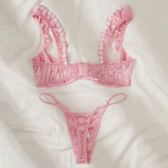Toucheart Erotic Lingerie Panty 2PCS Lace Floral Delicate Three Point Type Pure Desire Bra Set