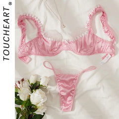 Toucheart Erotic Lingerie Panty 2PCS Lace Floral Delicate Three Point Type Pure Desire Bra Set