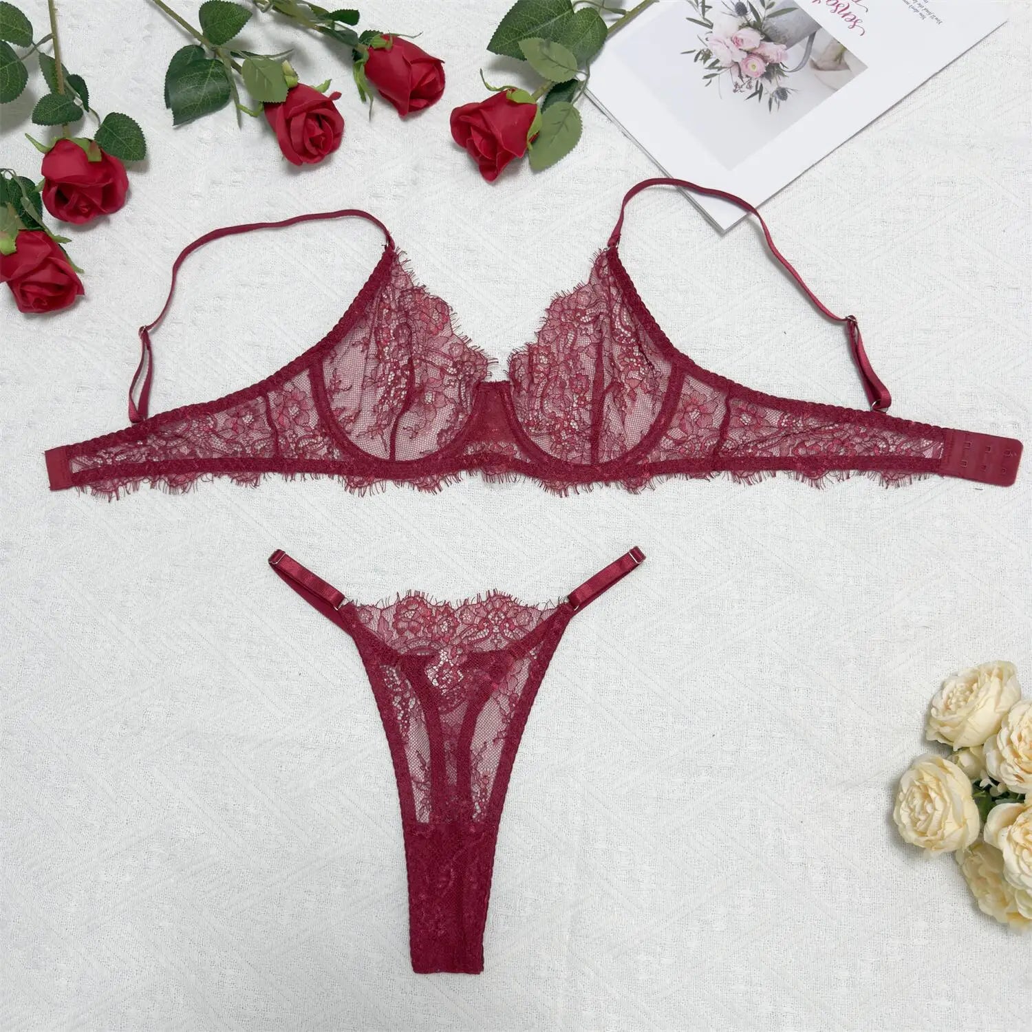 Toucheart Erotic Lingerie Panty 2PCS Lace See-through Pure Desire Delicate Romantic Bra Set
