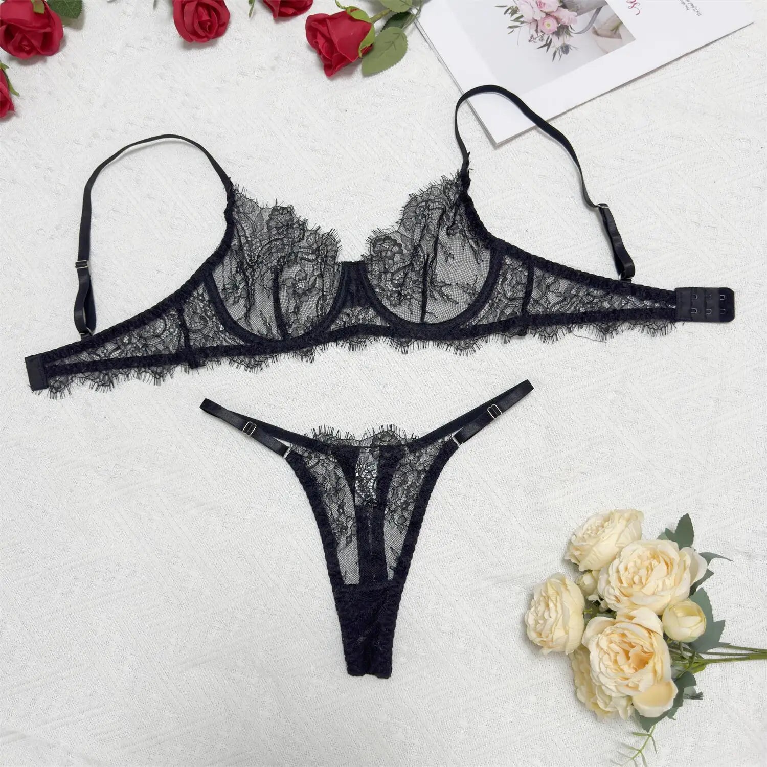Toucheart Erotic Lingerie Panty 2PCS Lace See-through Pure Desire Delicate Romantic Bra Set