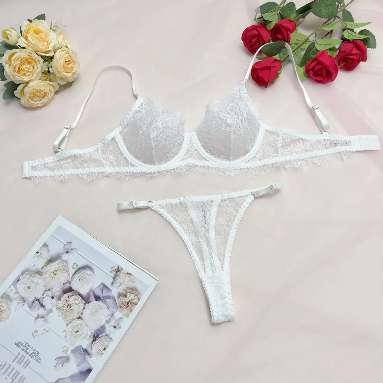 Toucheart Erotic Lingerie Panty 2PCS Lace See-through Pure Desire Delicate Romantic Bra Set
