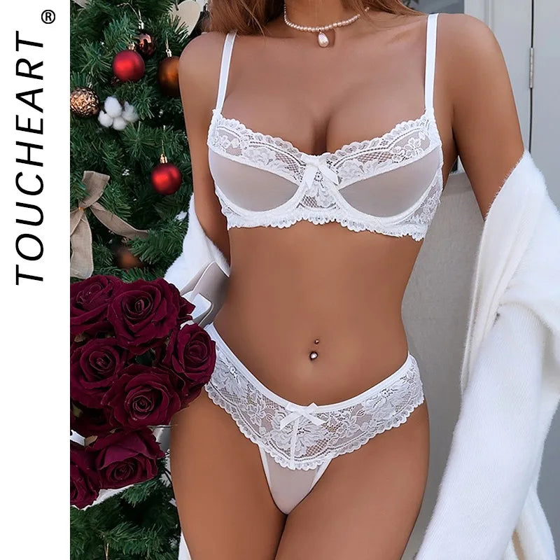 Toucheart Erotic Lingerie Panty 2PCS Lace See-through Pure Desire Body Shaping Premium Steel Ring Bra Set