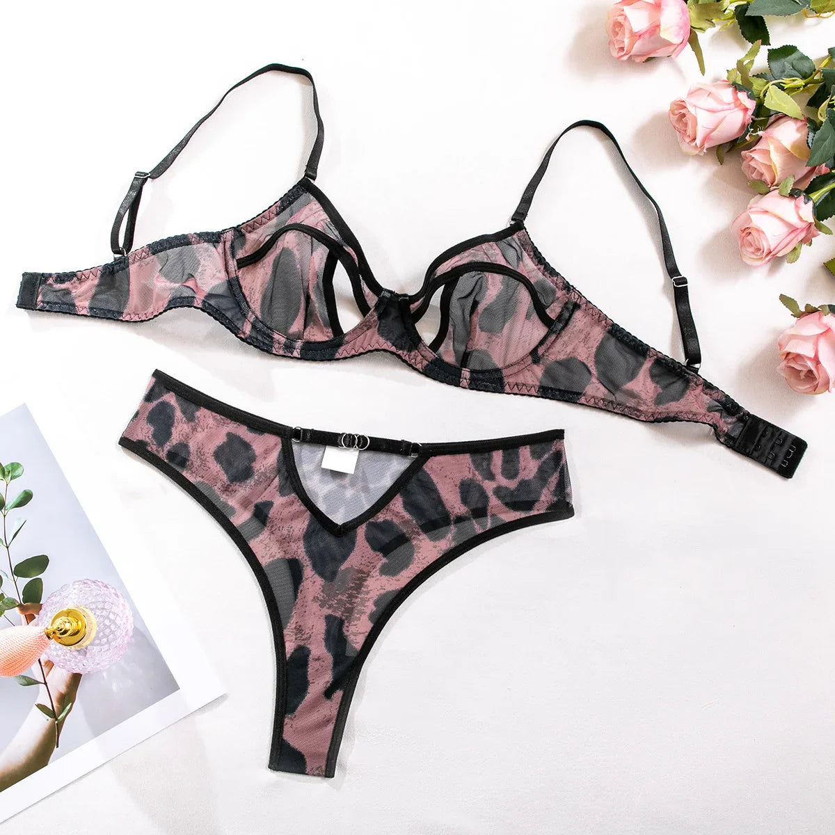 Toucheart Erotic Lingerie Panty 2PCS Leopard Print Slim Exposed Navel Elegant Private Underwear Set