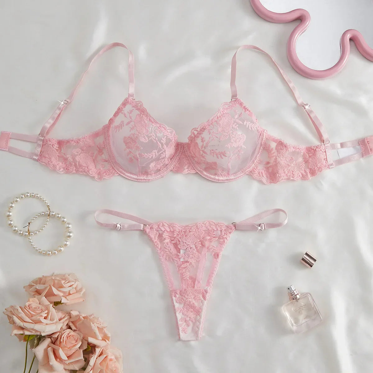 Toucheart Erotic Lingerie Panty 2PCS Mesh Floral Embroidery Pure Desire See-through Intimate Bra Set