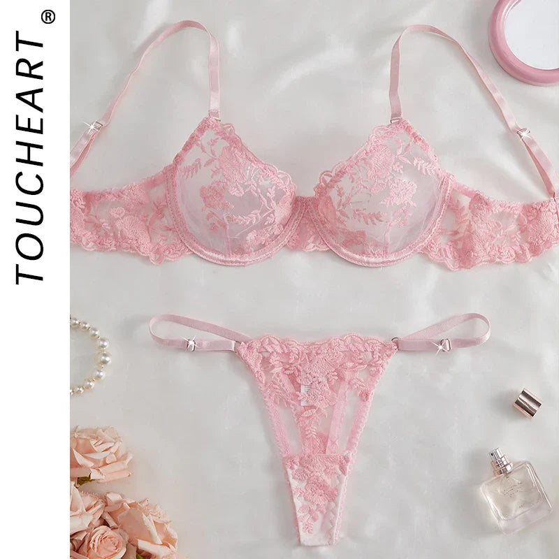 Toucheart Erotic Lingerie Panty 2PCS Mesh Floral Embroidery Pure Desire See-through Intimate Bra Set