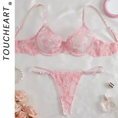 Toucheart Erotic Lingerie Panty 2PCS Mesh Floral Embroidery Pure Desire See-through Intimate Bra Set