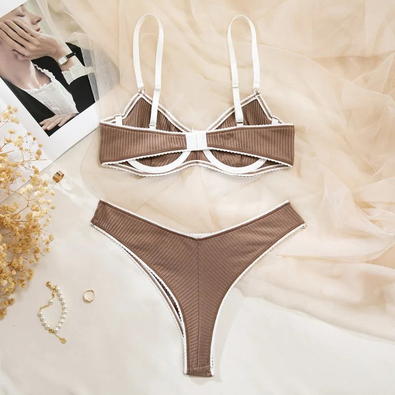 Toucheart Erotic Lingerie Panty 2PCS Threaded White Edge Steel Ring Contrast Color Delicate Intimate Bra