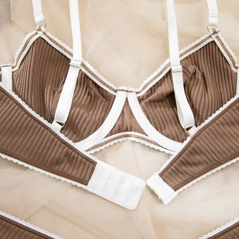 Toucheart Erotic Lingerie Panty 2PCS Threaded White Edge Steel Ring Contrast Color Delicate Intimate Bra
