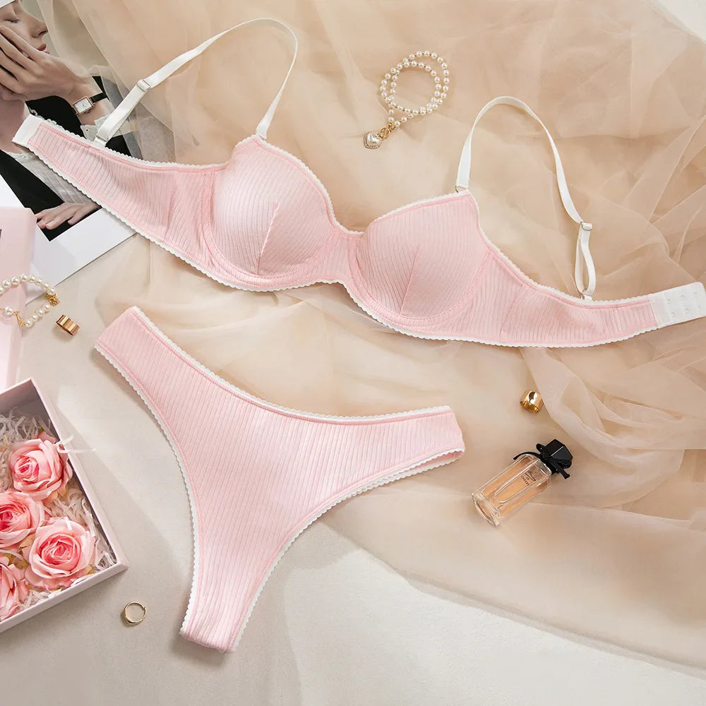 Toucheart Erotic Lingerie Panty 2PCS Threaded White Edge Steel Ring Contrast Color Delicate Intimate Bra
