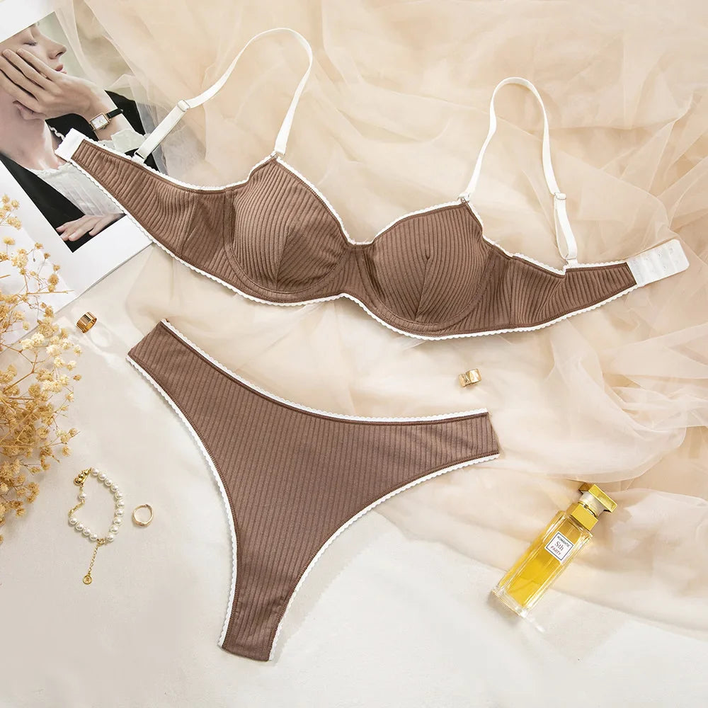Toucheart Erotic Lingerie Panty 2PCS Threaded White Edge Steel Ring Contrast Color Delicate Intimate Bra