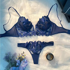 Toucheart Erotic Lingerie Panty 2PCS with Steel Ring Lace See-through Elegant Pure Desire Bra Set