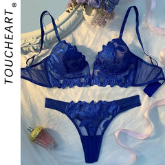 Toucheart Erotic Lingerie Panty 2PCS with Steel Ring Lace See-through Elegant Pure Desire Bra Set