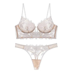 Toucheart Erotic Lingerie Panty 2PCS with Steel Ring Lace See-through Elegant Pure Desire Bra Set