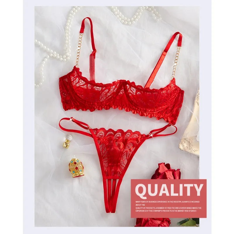 Toucheart Erotic Lingerie Panty 2PCSRed Lace Breast-leaking Lingerie Breathable Skin-friendly Open Thong  Lingerie Set