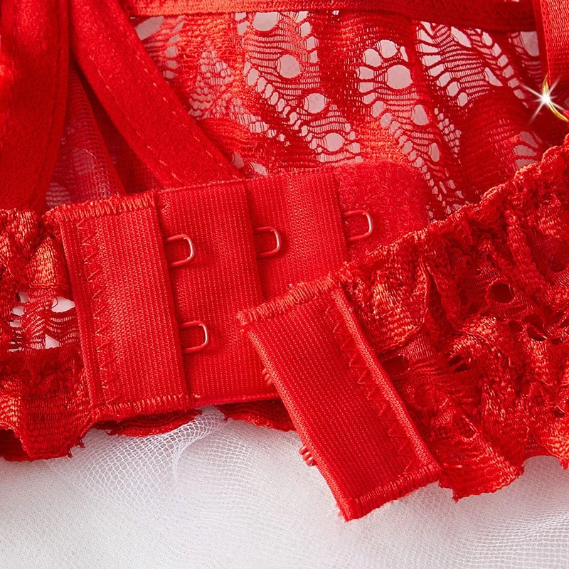 Toucheart Erotic Lingerie Panty 2PCSRed Lace Breast-leaking Lingerie Breathable Skin-friendly Open Thong  Lingerie Set