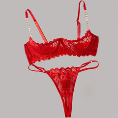 Toucheart Erotic Lingerie Panty 2PCSRed Lace Breast-leaking Lingerie Breathable Skin-friendly Open Thong  Lingerie Set