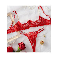 Toucheart Erotic Lingerie Panty 2PCSRed Lace Breast-leaking Lingerie Breathable Skin-friendly Open Thong  Lingerie Set