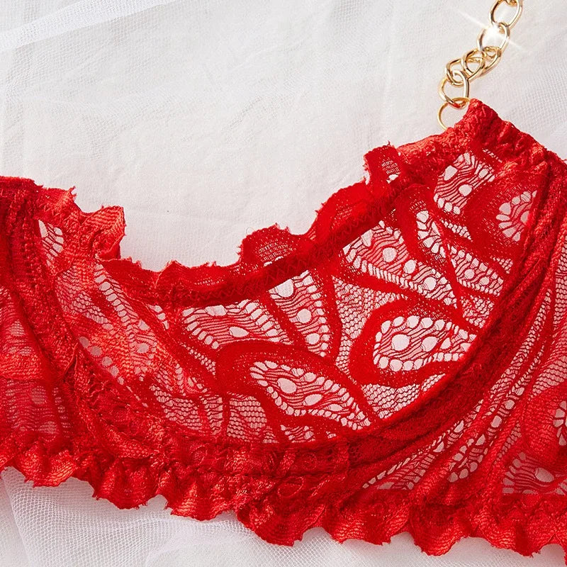 Toucheart Erotic Lingerie Panty 2PCSRed Lace Breast-leaking Lingerie Breathable Skin-friendly Open Thong  Lingerie Set