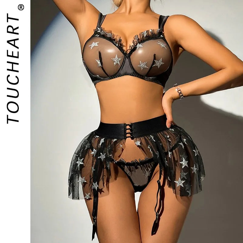 Toucheart Erotic Lingerie Panty with Ruffle Skirt 3PCS Mesh Printing Star See-through Slim Backless Intimate Underwear